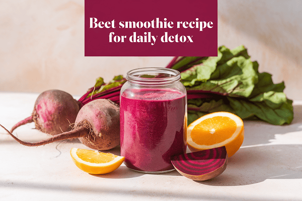 Fresh beet smoothie with oranges and greens for daily detox and health boost.
