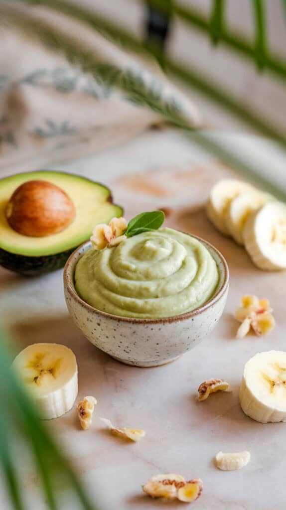 Healthy green avocado and banana baby food puree in a bowl, perfect for homemade baby meals.