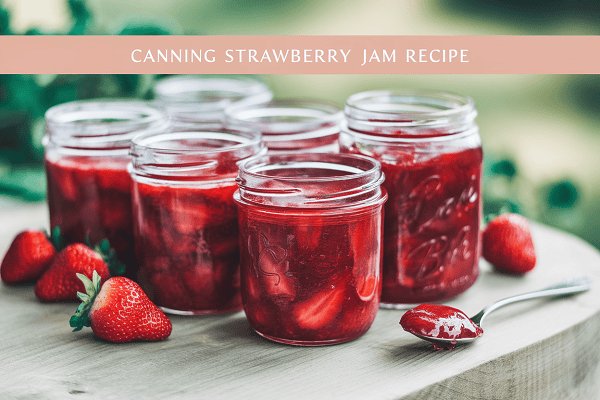 Canning strawberry jam in glass jars for fresh, homemade preserves. Perfect for easy, delicious stra.