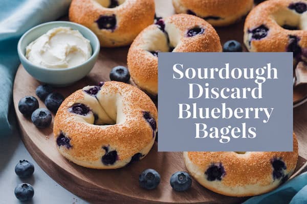 Delicious sourdough discard blueberry bagels with fresh blueberries on a wooden platter.