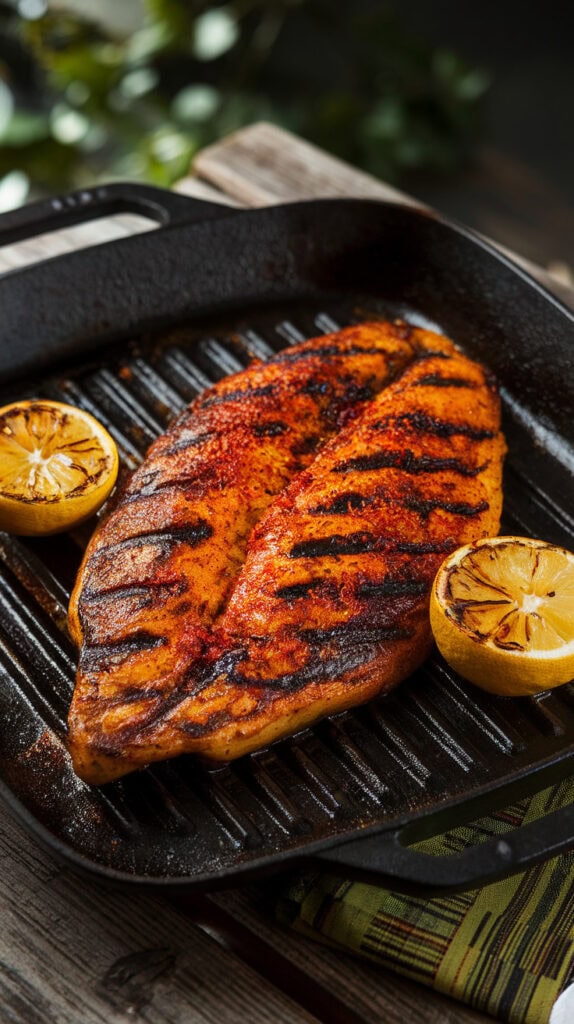 Juicy grilled fish fillet with lemon slices on a grill pan, perfect for easy dinner recipes.