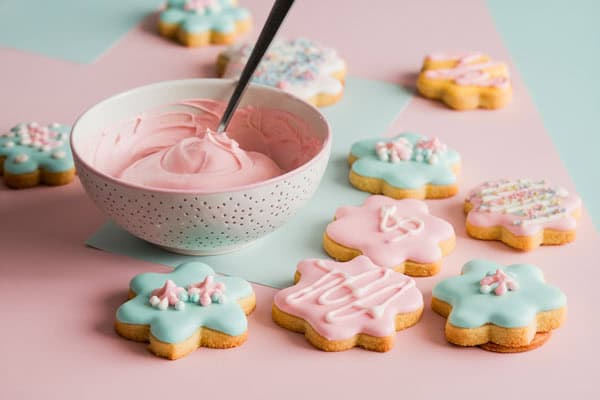 Delicious pink sugar cookie icing for decorating cookies and enhancing festive treats.