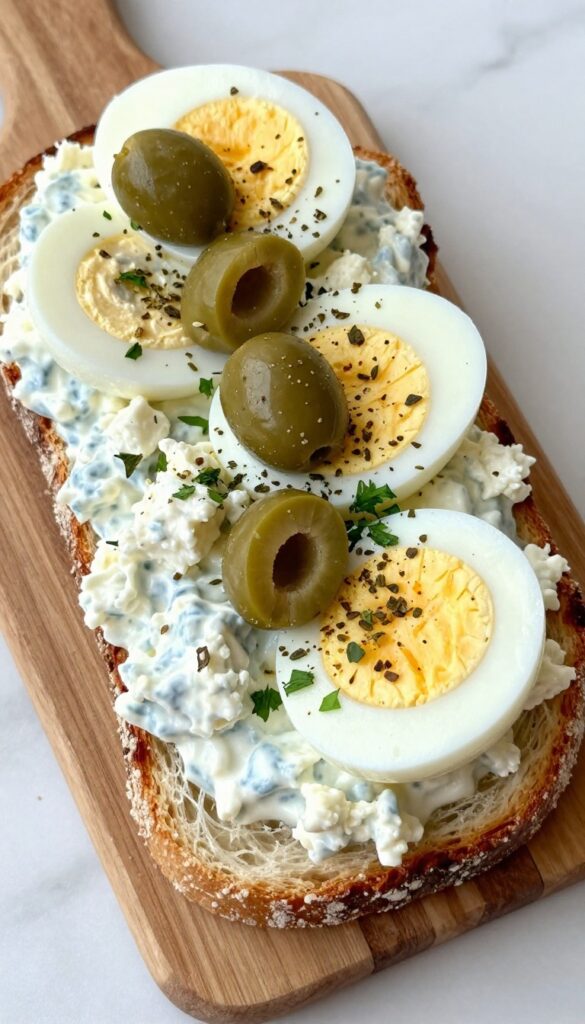 Close-up of a Mediterranean-inspired egg salad sandwich with feta cheese and olives on toasted whole-grain bread, showcasing a bright, natural light food photography style.