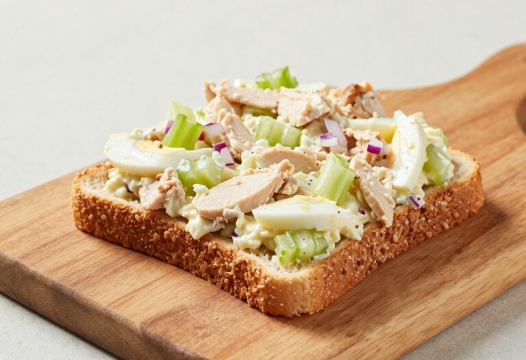 Chicken egg salad sandwich with creamy texture and crunchy celery, served on whole-grain bread.