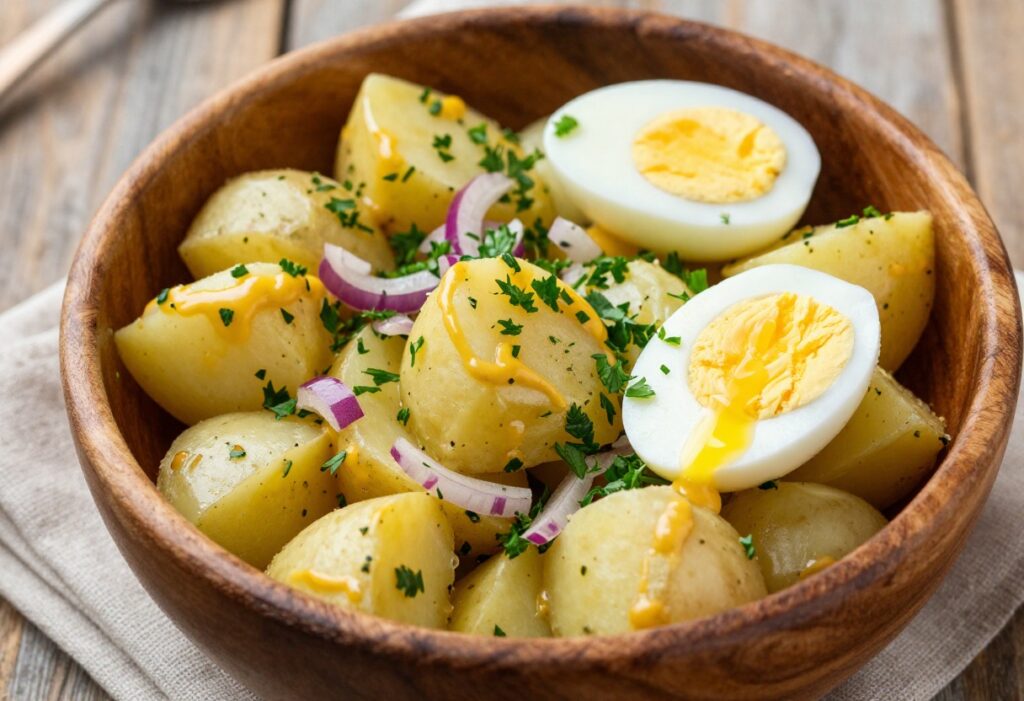 Tangy mustard potato salad without mayonnaise in a wooden bowl, showing golden potatoes, eggs, parsley, and red onion in a creamy dressing