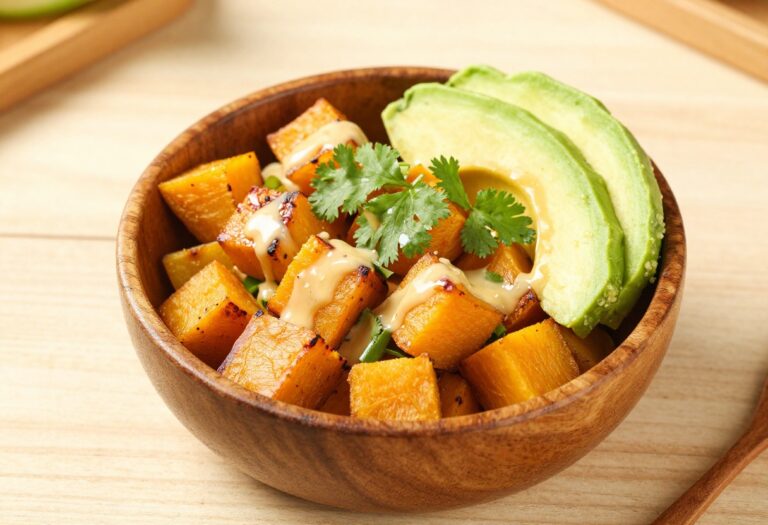 Colorful sweet potato salad with roasted cubes, avocado, and herbs in a rustic bowl on a wooden table.
