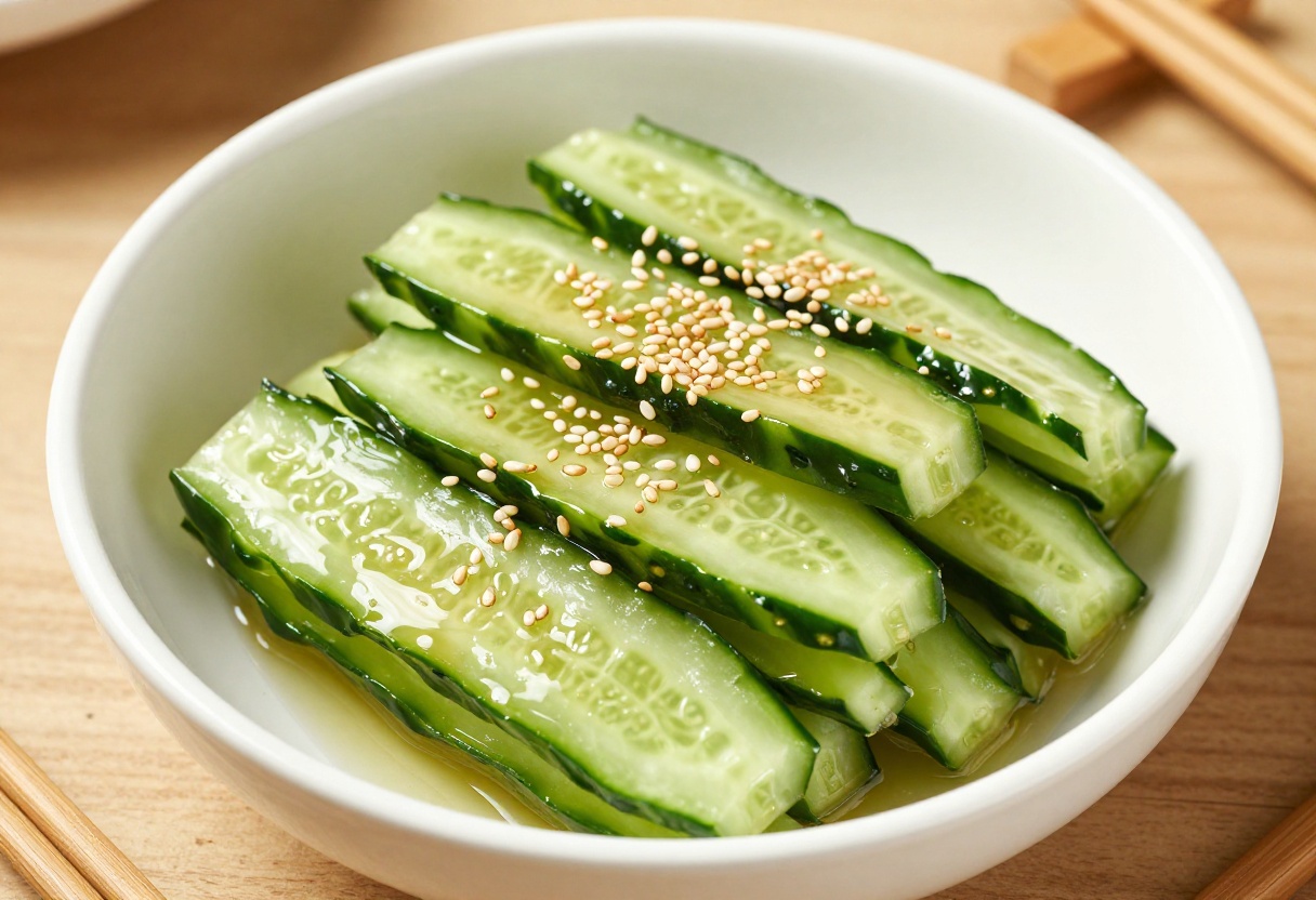 Japanese cucumber salad with rice vinegar dressing and toasted sesame seeds in a white bowl