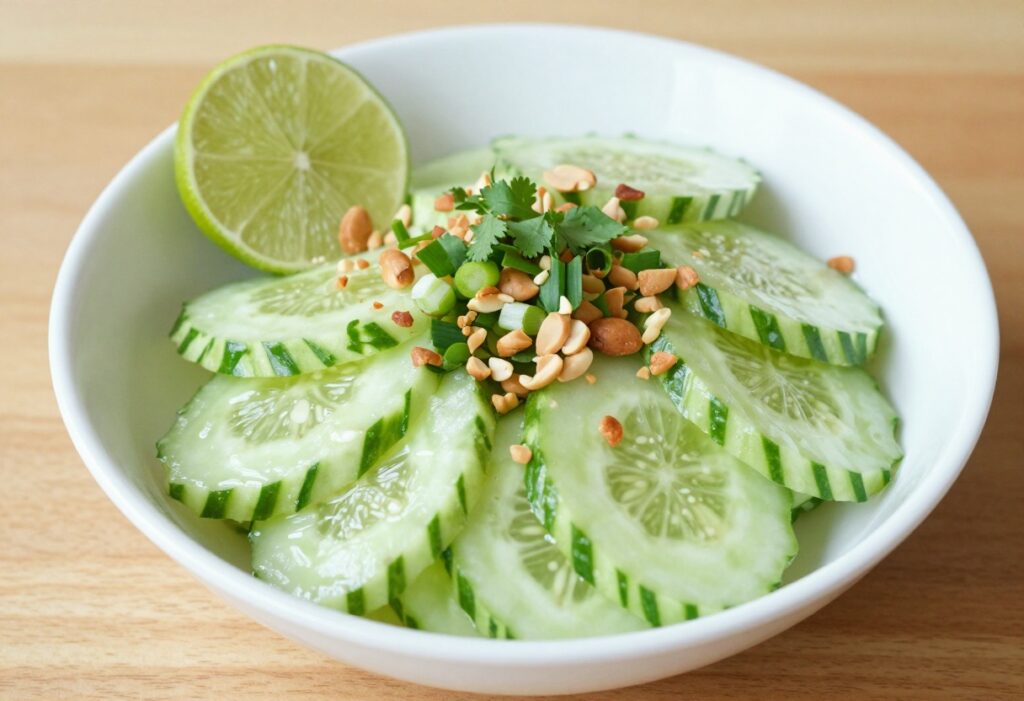 Bowl of Thai cucumber salad with lime and peanuts on a wooden table