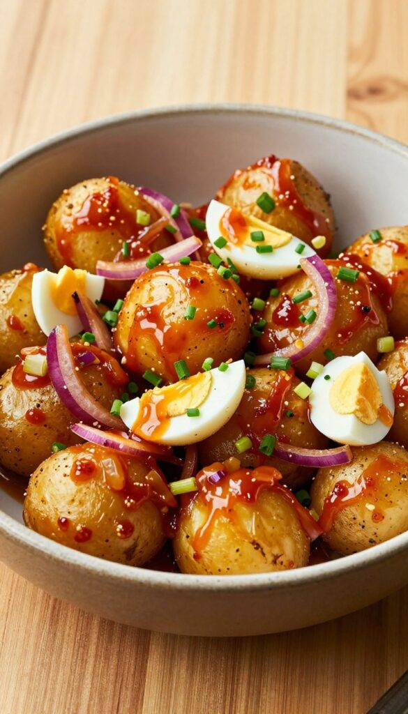 A close-up of Sweet and Spicy Honey Sriracha Potato Salad in a bowl, showcasing creamy potatoes with a glossy dressing, garnished with chives and egg, on a wooden background.