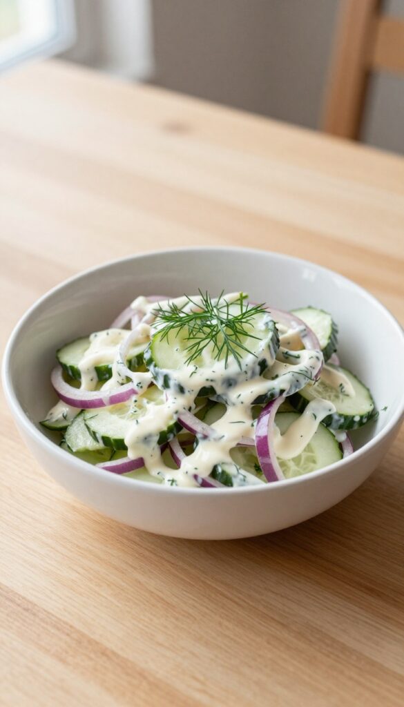 Creamy dill and vinegar cucumber salad in a white bowl on a wooden table.