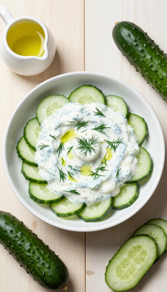Creamy yogurt-dill cucumber salad with white wine vinegar in a white bowl on a wooden table, garnished with fresh dill and olive oil drizzle.
