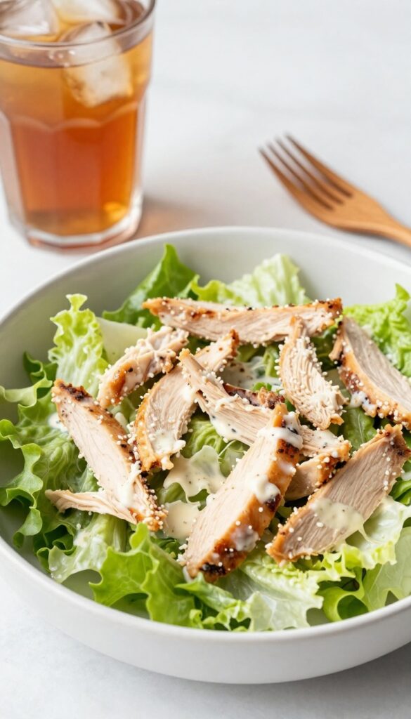 Close-up of BLT chicken salad with fork and iced tea