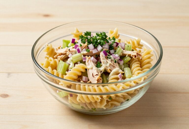 A colorful and appetizing pasta salad with chicken, vegetables, and creamy dressing in a glass bowl, representing quick and easy dinner recipes for busy nights.