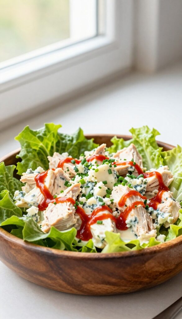 Buffalo blue cheese chicken salad in a wooden bowl with lettuce cups