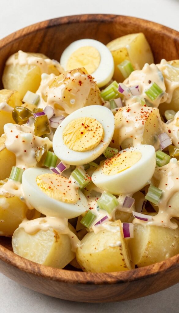 Southern-style potato salad with pickles and eggs, a creamy and comforting side dish featuring Yukon Gold potatoes, hard-boiled eggs, and sweet pickles in a mayonnaise dressing, garnished with paprika.