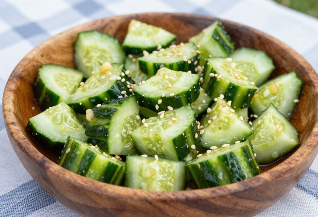 Smashed cucumber salad with garlic in a wooden bowl, ready for a picnic