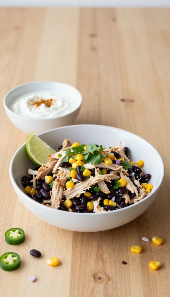 Southwest chicken salad with black beans and corn in a white bowl on a wooden table