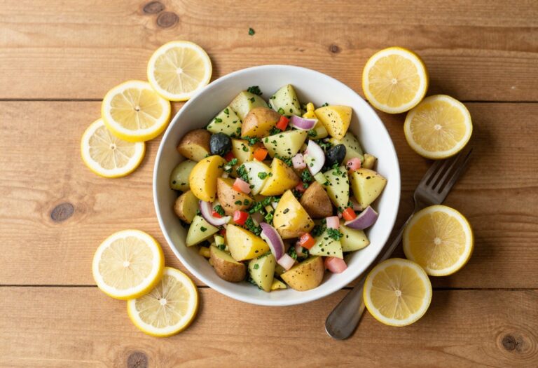 Colorful potato salad in a bowl with fresh herbs and lemon slices on a rustic wooden table.