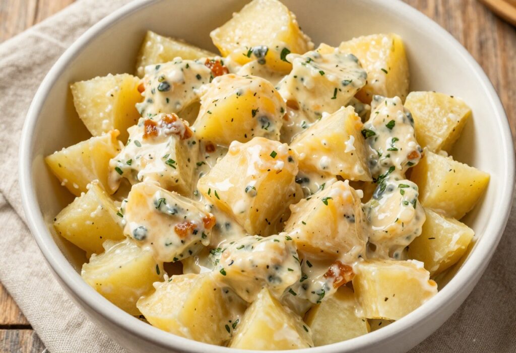 Creamy potato salad in a ceramic bowl with visible potato chunks and herbs, beautifully lit by natural sunlight