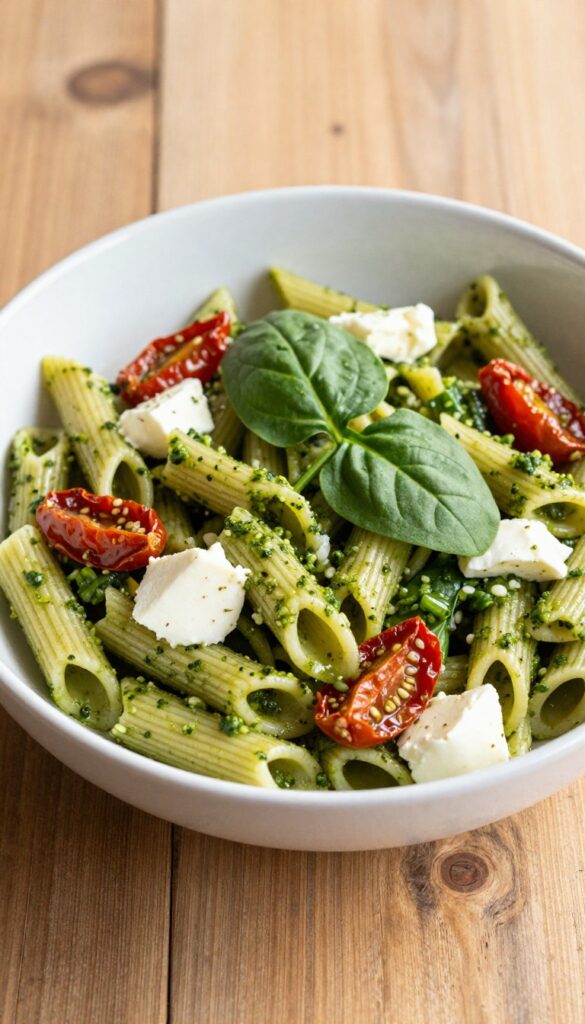 A bowl of pesto pasta salad with penne pasta, sun-dried tomatoes, mozzarella, and spinach, prepared for a fresh summer meal.