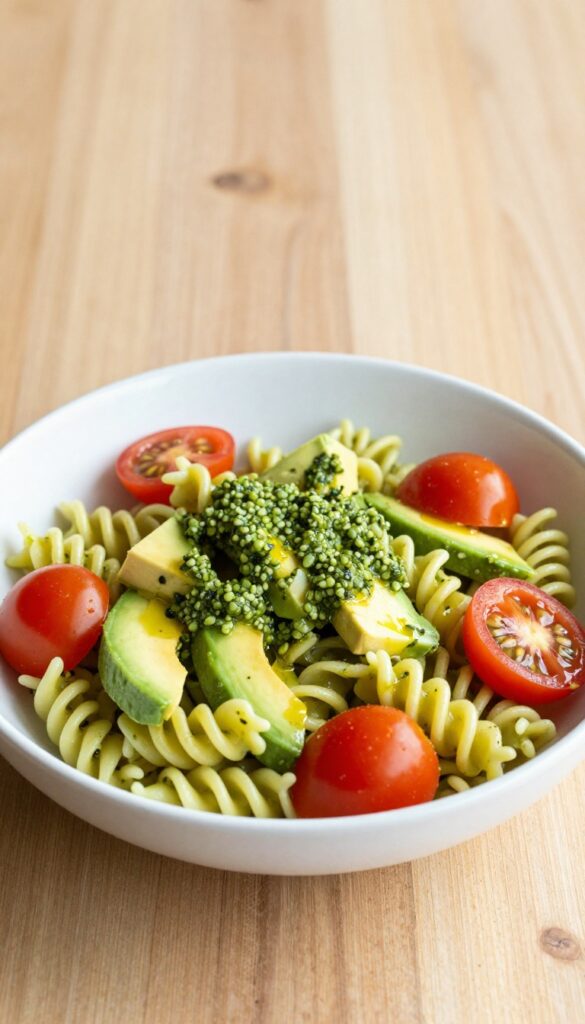 A bowl of avocado pesto pasta salad with fusilli, diced avocado, and cherry tomatoes, prepared for a fresh summer meal.