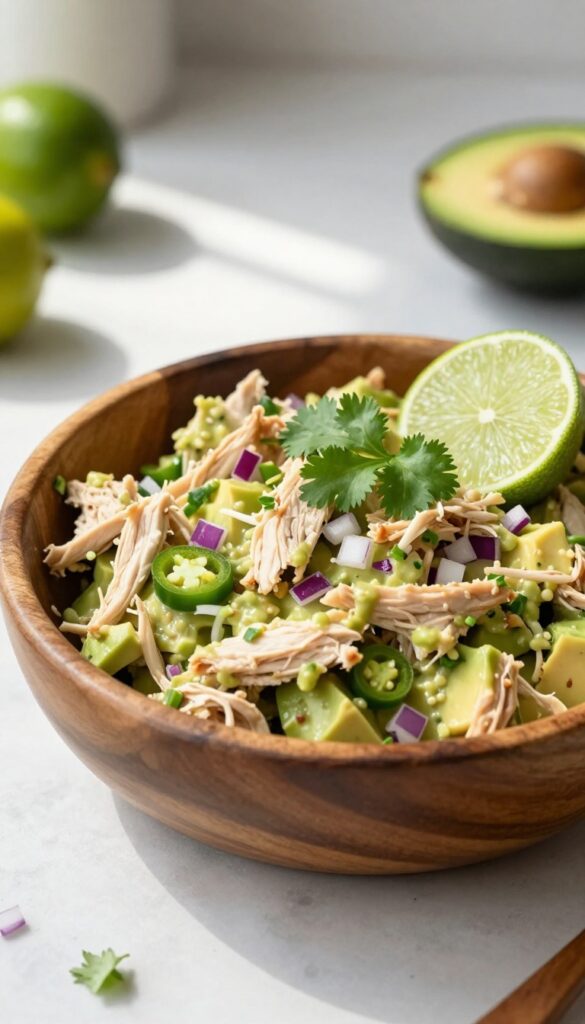 Avocado chicken salad in a wooden bowl with lime and cilantro garnish.