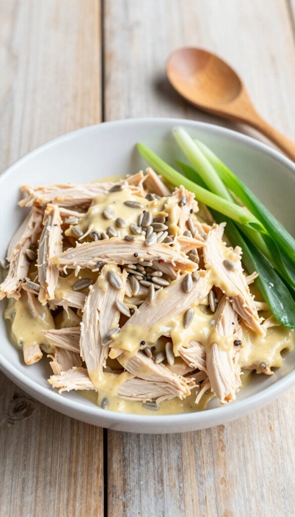 Honey mustard chicken salad with sunflower seeds in a bowl on a wooden table