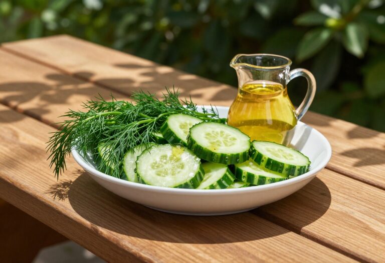 Cucumber salad with dill and vinegar dressing on a picnic table