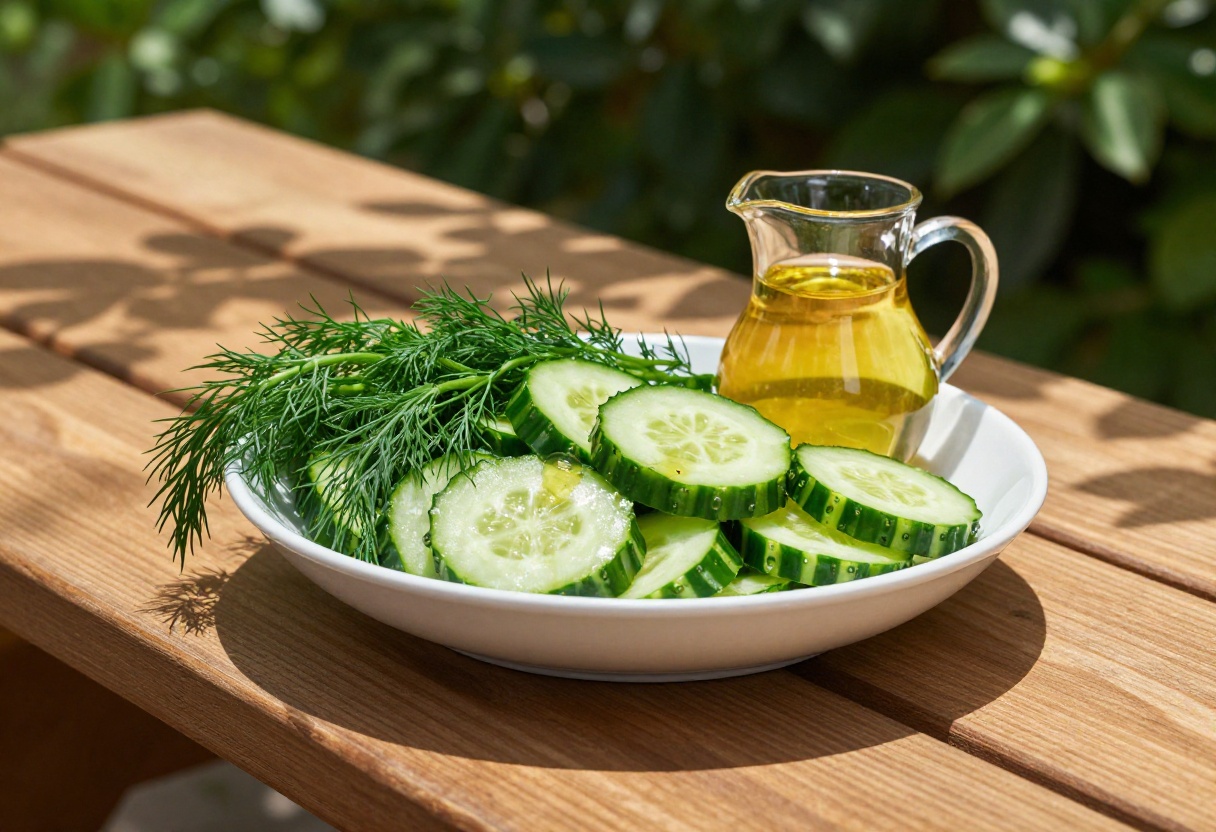 Cucumber salad with dill and vinegar dressing on a picnic table