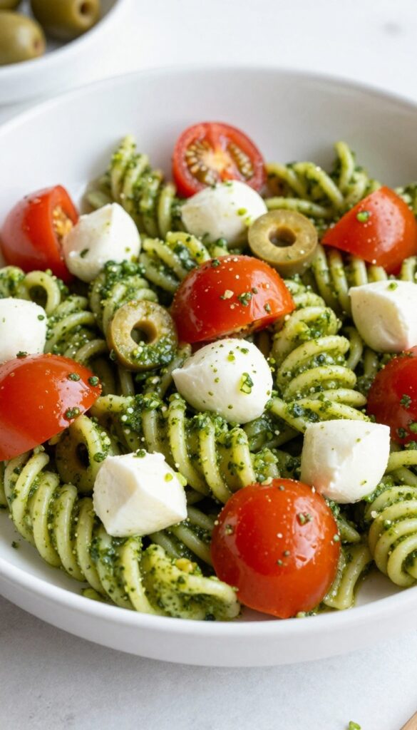 A Mediterranean pesto pasta salad with pasta, pesto sauce, cherry tomatoes, mozzarella balls, and olives in a bowl, bright natural lighting, clean presentation.