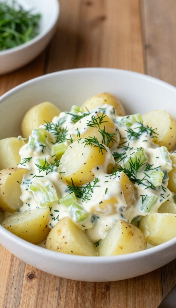 Creamy classic potato salad with dill in a white bowl on a wooden table, featuring tender potatoes, celery, and fresh herbs in natural light.