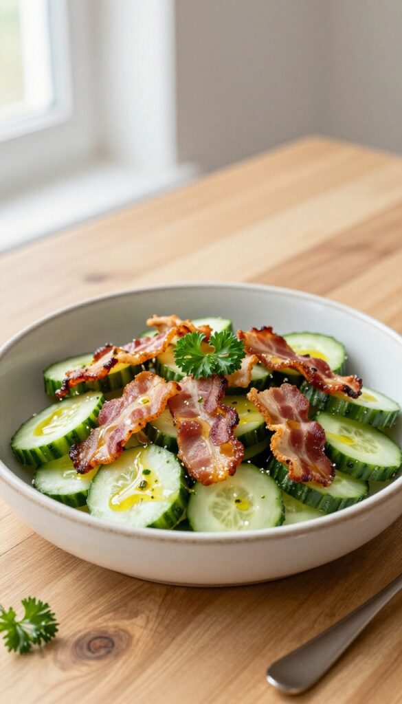 Warm bacon cucumber salad with apple cider olive oil vinaigrette in a rustic bowl