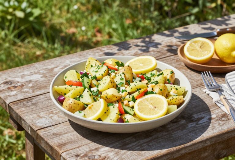 Colorful potato salad in a bowl on a sunny outdoor table, garnished with herbs and lemon, ready for a family gathering.