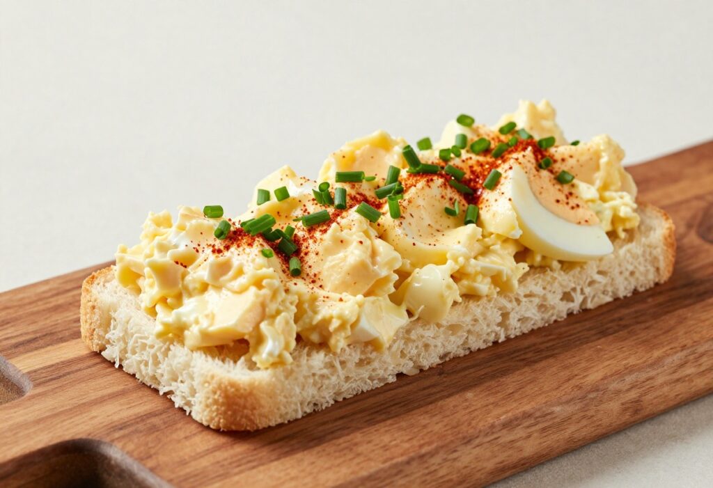 A creamy deviled egg salad sandwich with visible chunks of egg, garnished with chives and paprika, on soft bread, presented in natural light for a recipe blog.
