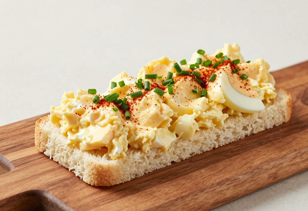 A creamy deviled egg salad sandwich with visible chunks of egg, garnished with chives and paprika, on soft bread, presented in natural light for a recipe blog.