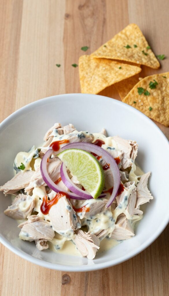 Spicy Sriracha Lime Chicken Salad in a bowl with lime and tortilla chips
