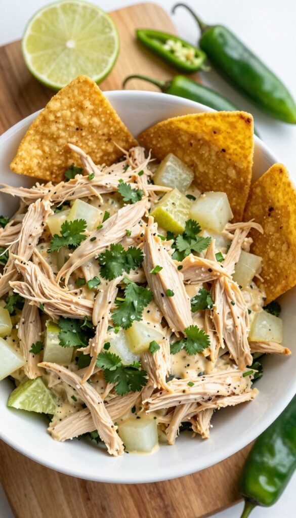 Smoky chipotle lime chicken salad in a white bowl with tortilla chips and lime