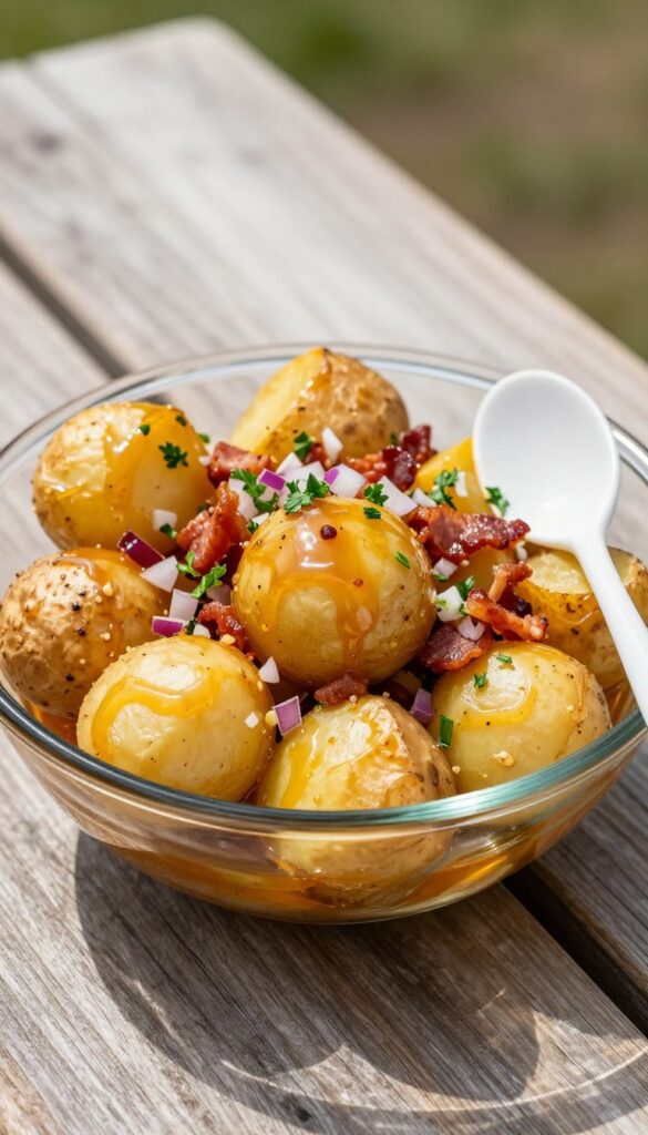 A close-up of Sweet and Savory Maple Mustard Baked Potato Salad in a glass bowl, featuring roasted potatoes with a glossy dressing, red onion, parsley, and bacon, on a wooden table in natural light