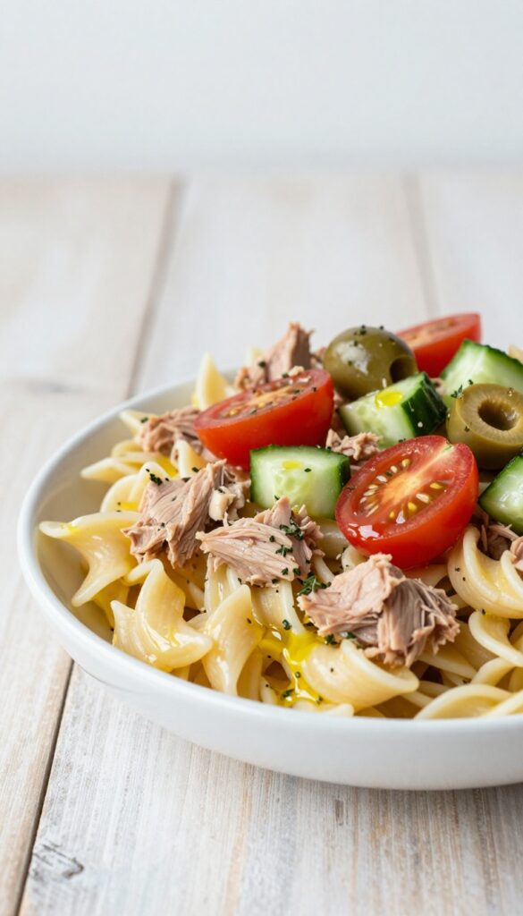 A Mediterranean tuna pasta salad with pasta, tuna, tomatoes, olives, and cucumber in a bowl, bright and fresh for easy lunches.