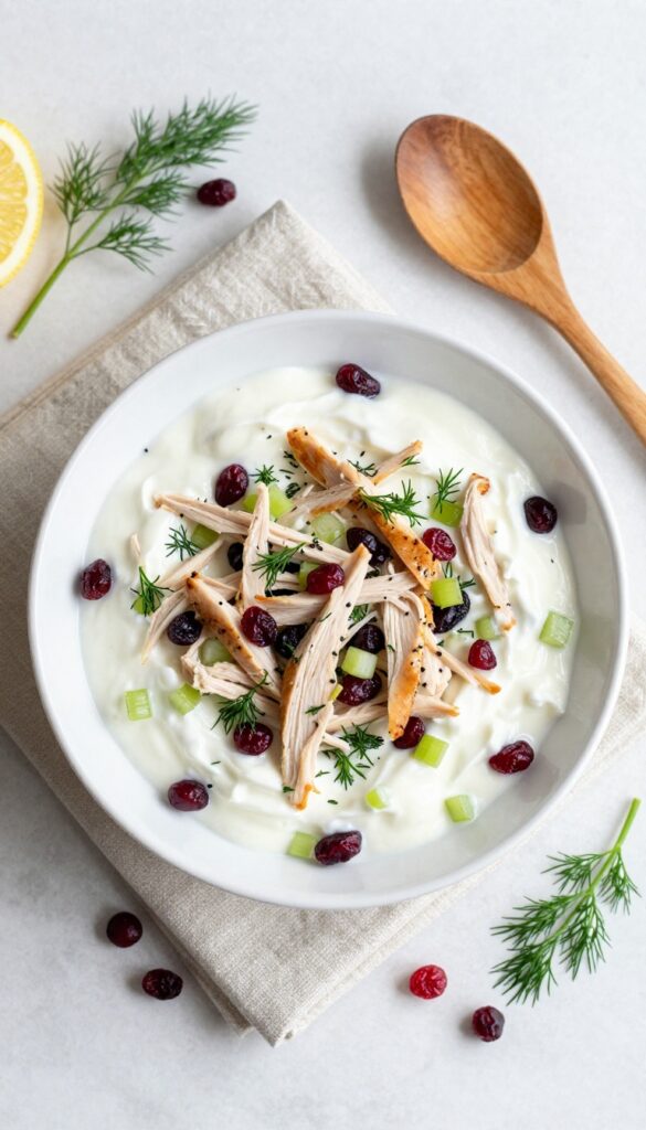 Bowl of Greek yogurt cranberry chicken salad with fresh dill and lemon on a bright table setting.