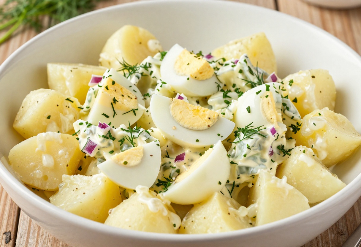 Creamy potato egg salad with fresh herbs in a white bowl on a picnic table