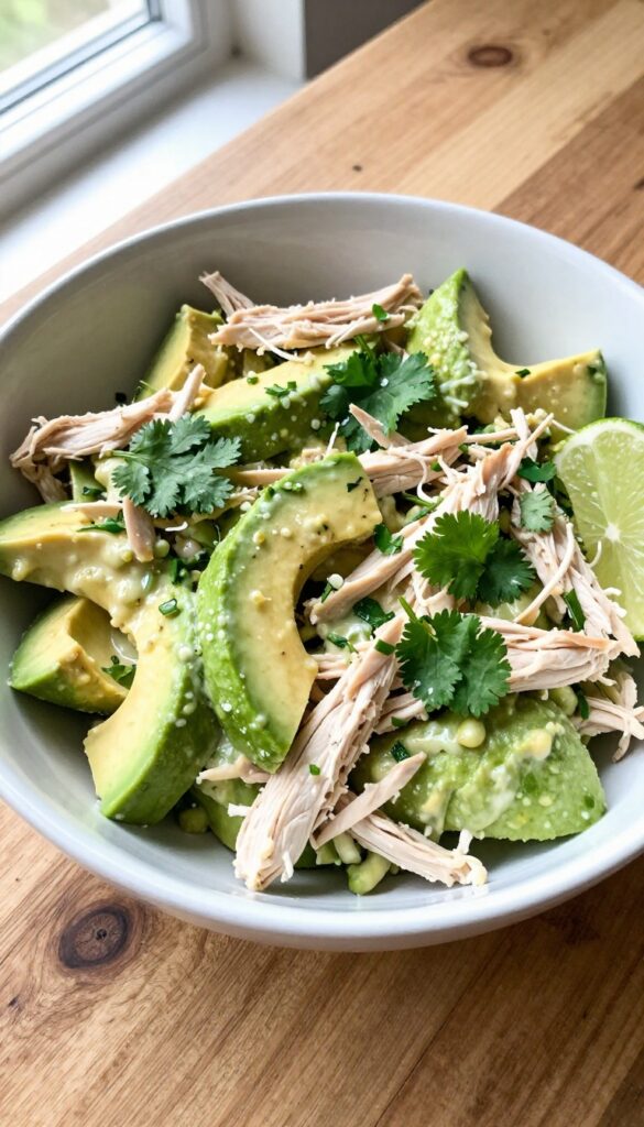 Avocado chicken salad with lime and cilantro in a bowl on a wooden table