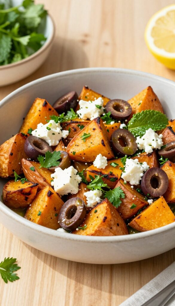A close-up photo of Mediterranean herb and feta sweet potato salad with roasted sweet potatoes, feta cheese, olives, and fresh herbs in a bowl.