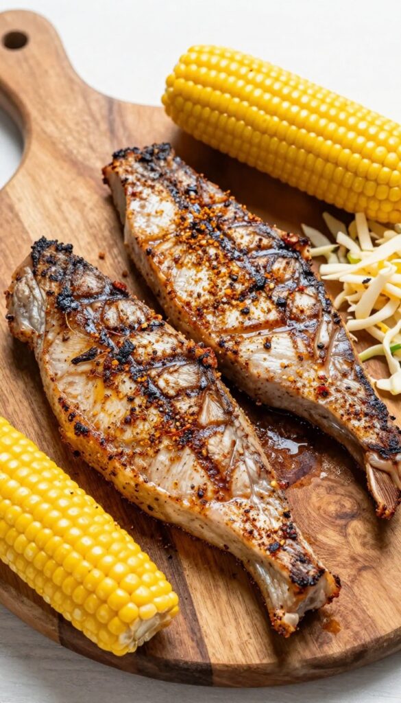 Grilled tuna steaks with Cajun seasoning, served with corn and coleslaw, in a bright, clean composition for a blog.