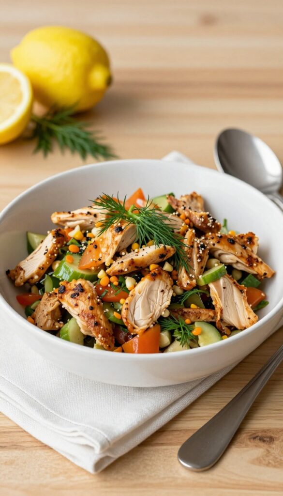 Chicken salad bowl with spoon and ingredients on a wooden table