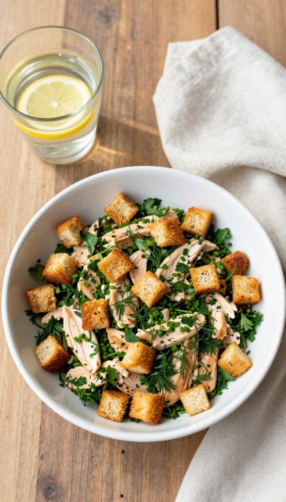 Herb garden chicken salad with crunchy croutons in a white bowl on a wooden table