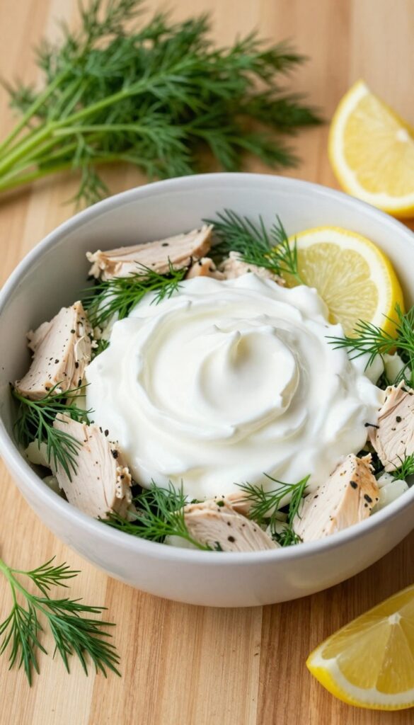 Bowl of Greek yogurt and dill chicken salad with fresh dill and lemon garnish