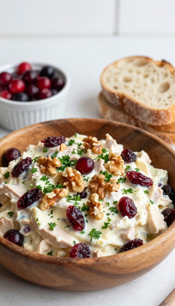 Classic Cranberry Walnut Chicken Salad in a wooden bowl with bread and cranberries
