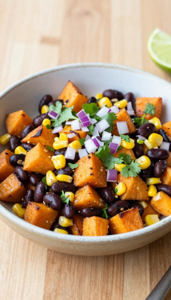 Roasted sweet potato salad with black beans and corn in a zesty chipotle lime dressing, served in a ceramic bowl.