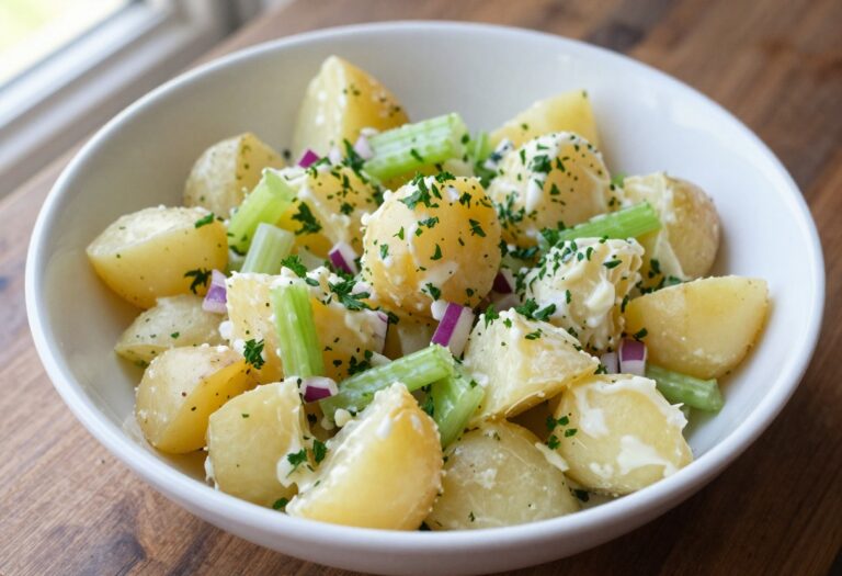 Creamy potato salad with golden potatoes, celery, red onion, and parsley in a white bowl